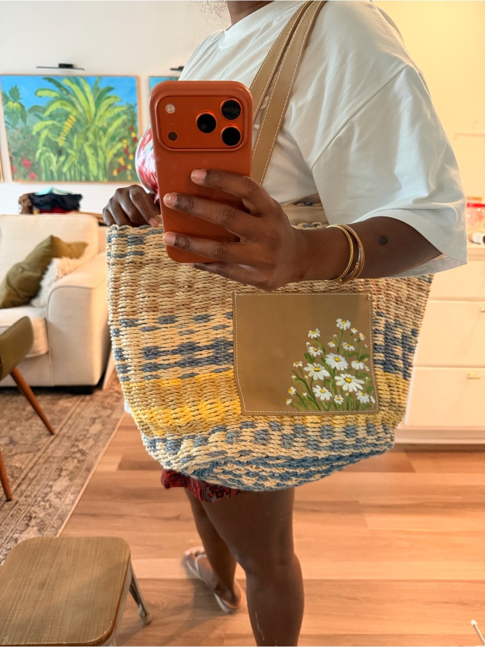 Woven Straw Beach Tote with hand painted Daisy - Natural Blue Yellow